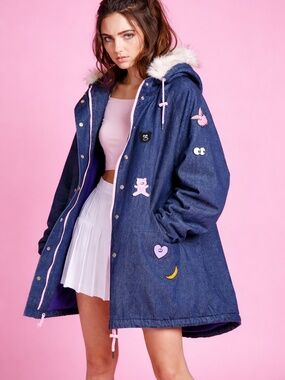 Lazy Oaf Bubble Denim Patch Parka Purple Fleece Hooded Jacket OS